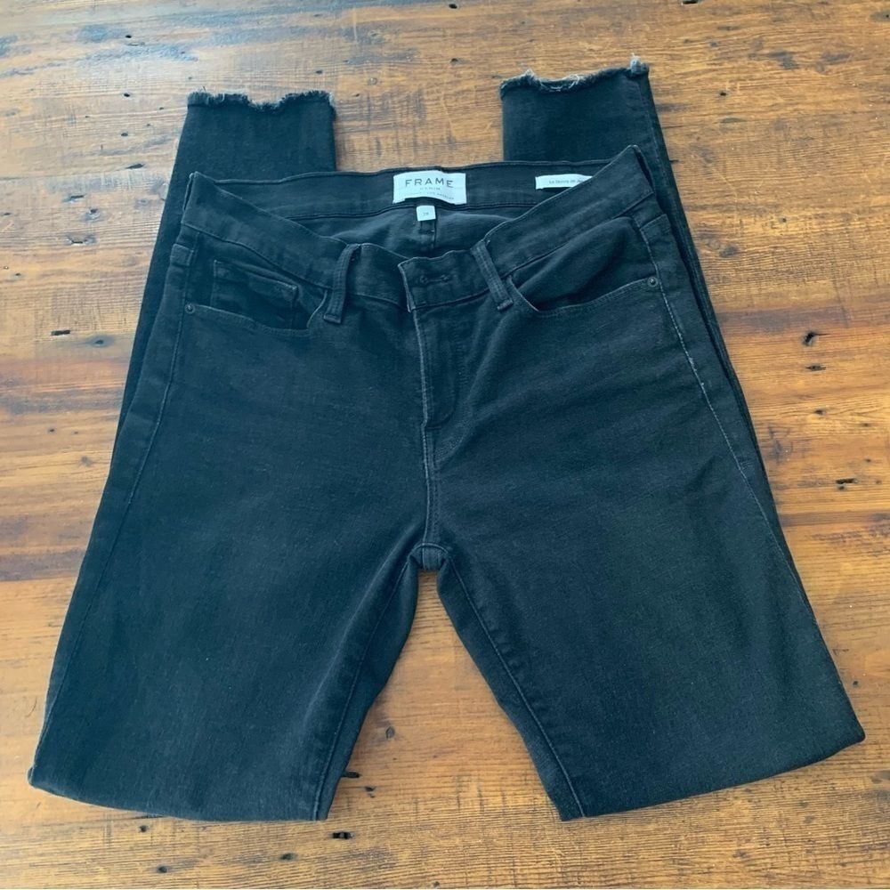 FRAME High Waisted Empire Skinny Jeans Washed Black Distressed Knee Rips Sz 28 - Picture 9 of 13